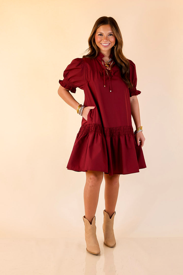 Sugar and Chic Peplum Solid Dress with Puff Sleeves in Maroon