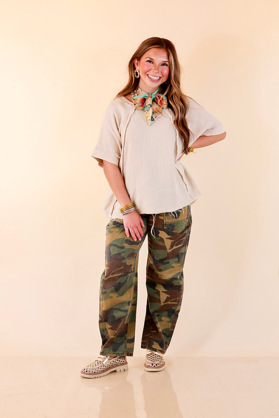 Everyday Ease Short Sleeve Linen Top with Raw Hem Edges in Natural Beige