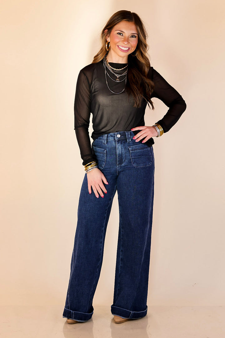 Sheer Confidence Solid Mesh Long Sleeve Top in Black