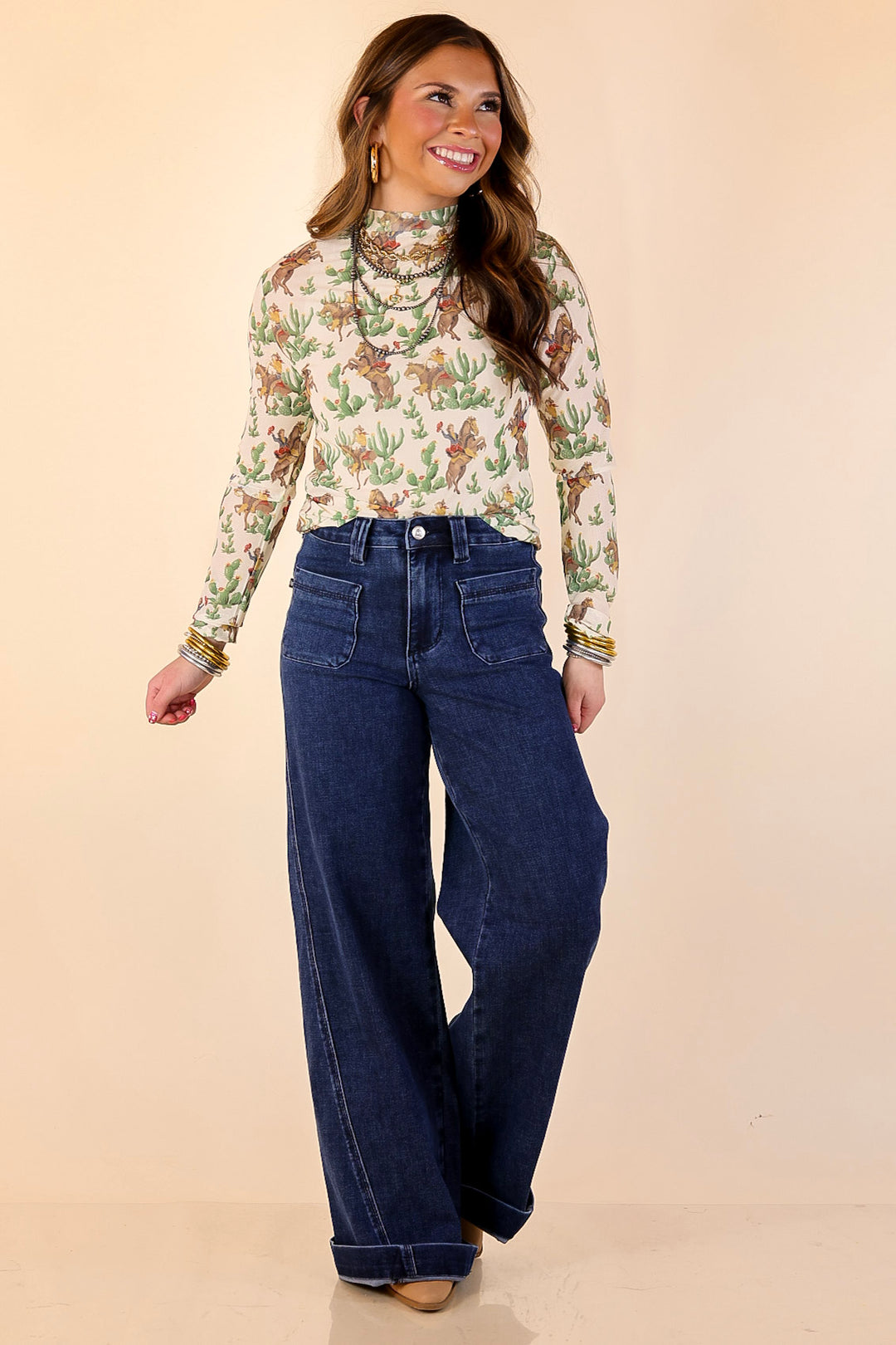 Western Dream Cowboy and Cacti Print Long Sleeve Mesh Top in Ivory