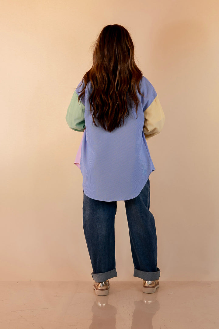 GUG Original | Sweet Harmony Long Sleeve Button Down Color Block Pinstripe Shirt in Bright Mix