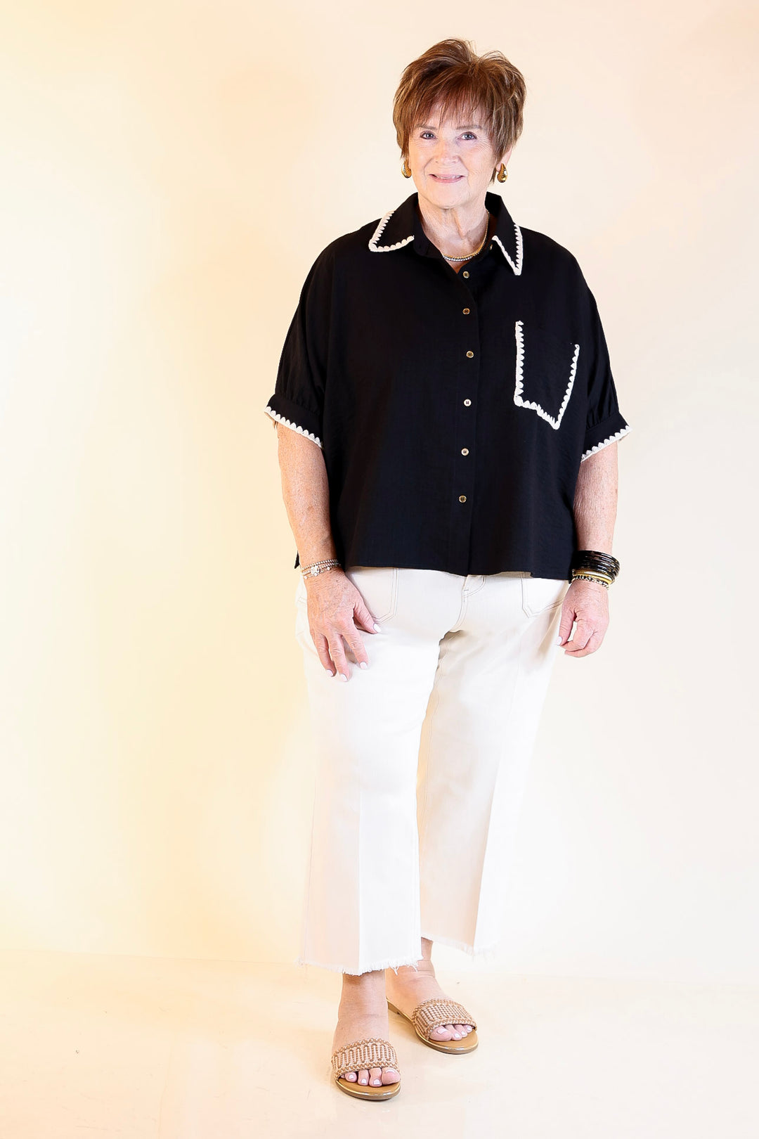 In Good Company Button Up Top with Scalloped Trim Stitching in Black