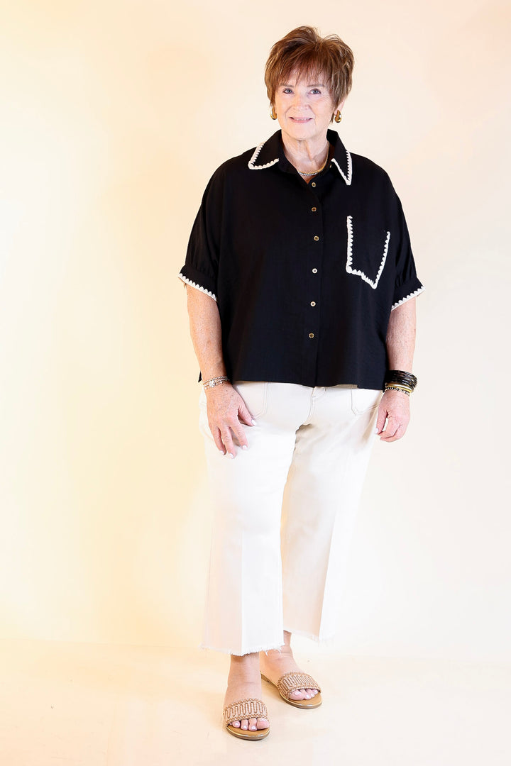In Good Company Button Up Top with Scalloped Trim Stitching in Black