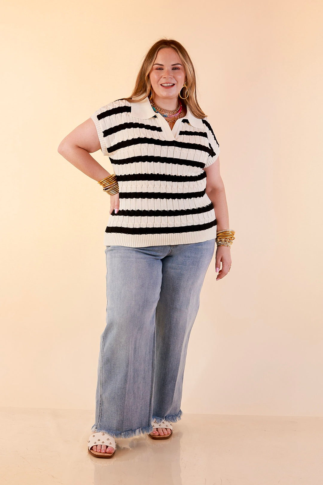 Signature Stripe Drop Shoulder Cable Knit Collared Polo Top in Ivory with Black Stripes