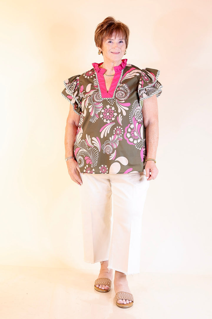 First Impressions V Neck Paisley Top with Ruffle Cap Sleeves and Stripe Detailing in Olive Green