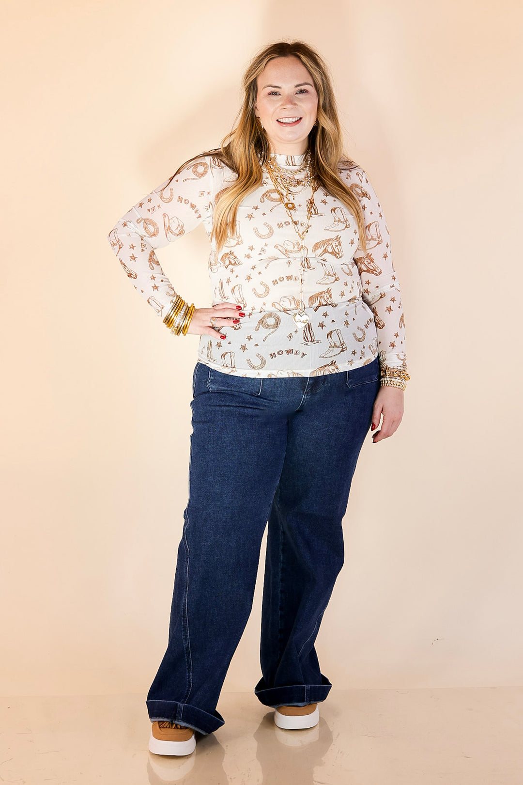 Western Dream Brown Western Icon Print Mesh Long Sleeve Top in Ivory