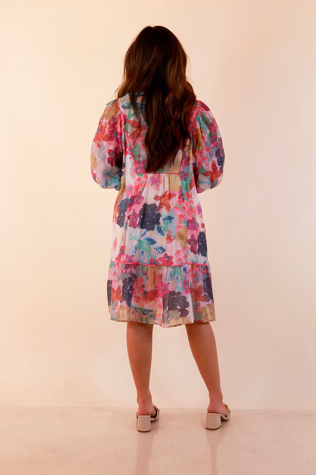 Painted Pretty Floral Print Smocked Yoke Dress with Tie Neckline and Puff Sleeves in Pink Mix