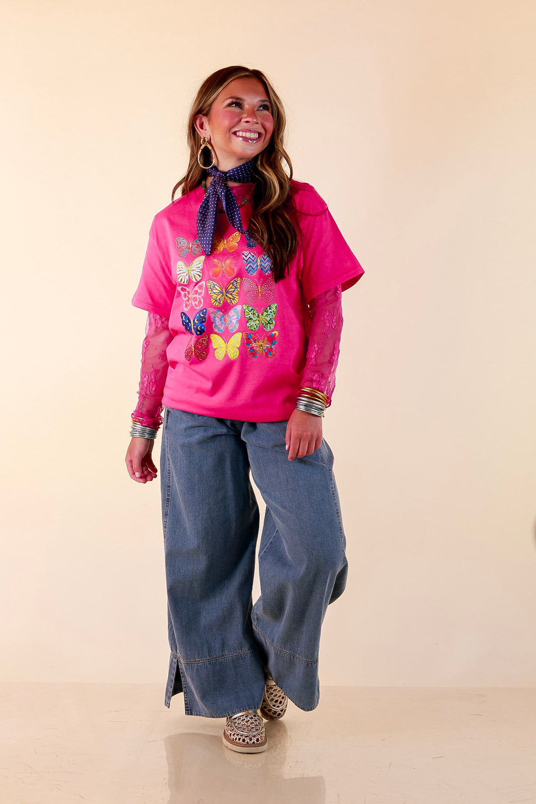 Butterfly Season Multi Print Butterflies Short Sleeve Graphic Tee in Hot Pink