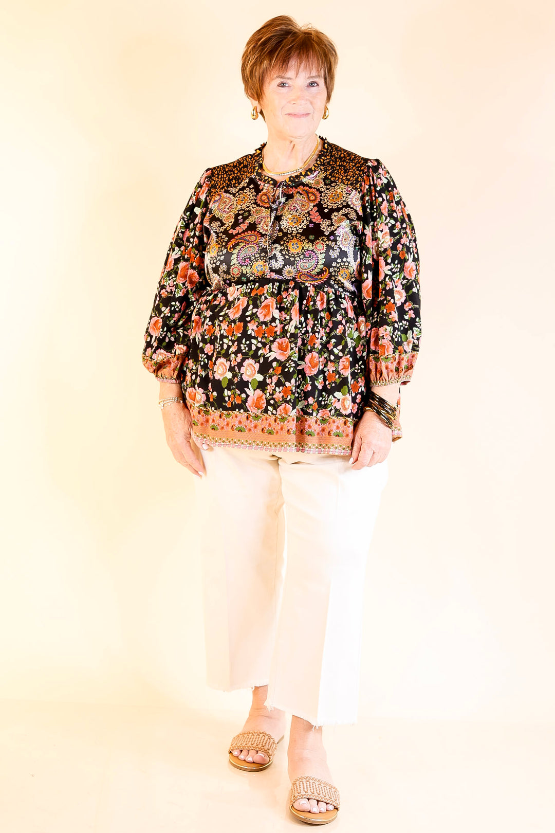 Floral Fusion Long Sleeve Floral Print Top in Black