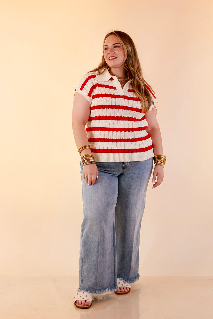 Signature Stripe Drop Shoulder Cable Knit Collared Polo Top in Ivory with Red Stripes
