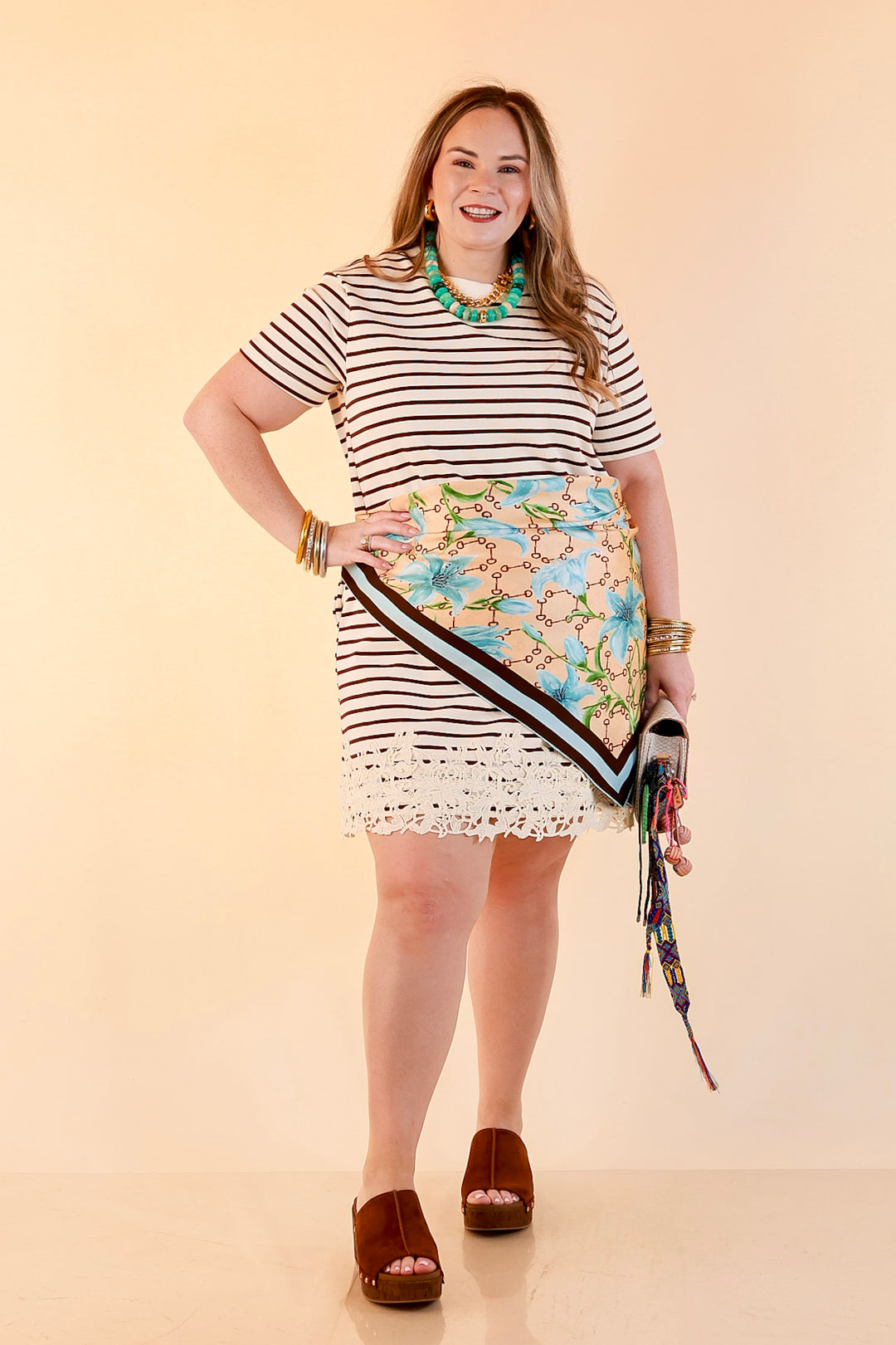Beyond the Basics Striped Floral Lace Hem T-Shirt Dress in Ivory and Chocolate Brown