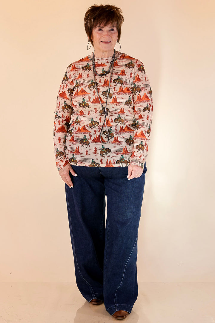 Sheer Confidence Western Red Rocks and Bronc Rider Mesh Long Sleeve Top in Cream