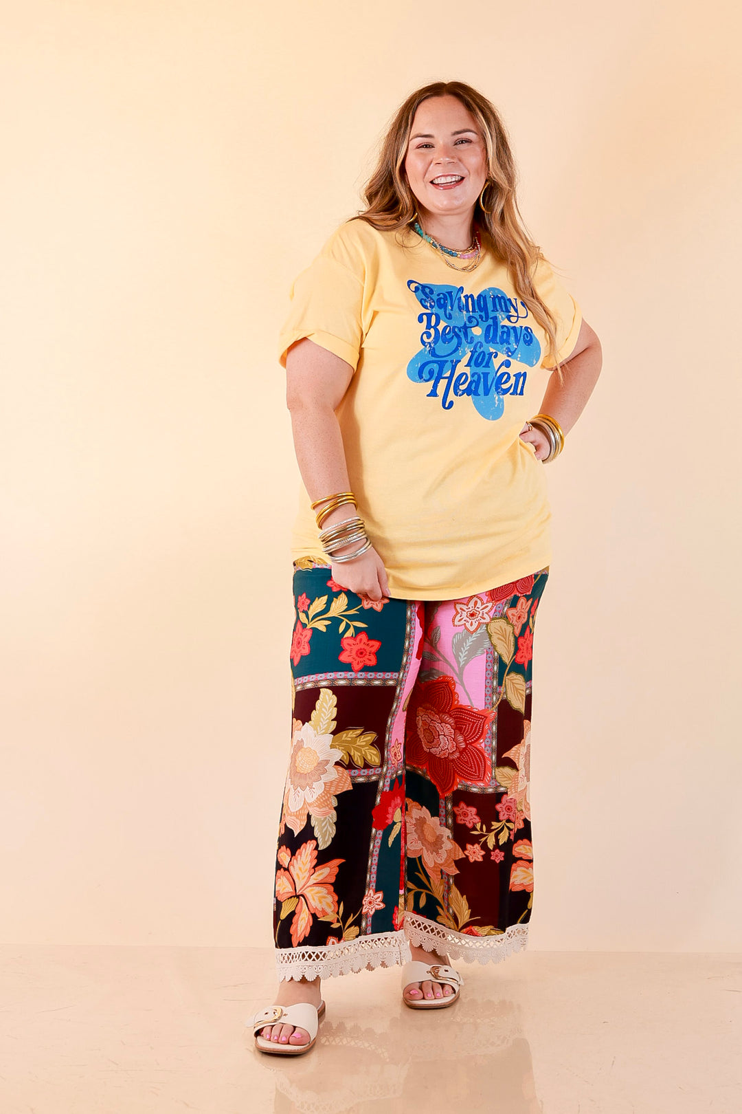Good Things Coming "Saving My Best Days for Heaven" Flower Print Short Sleeve Graphic Tee in Butter Yellow