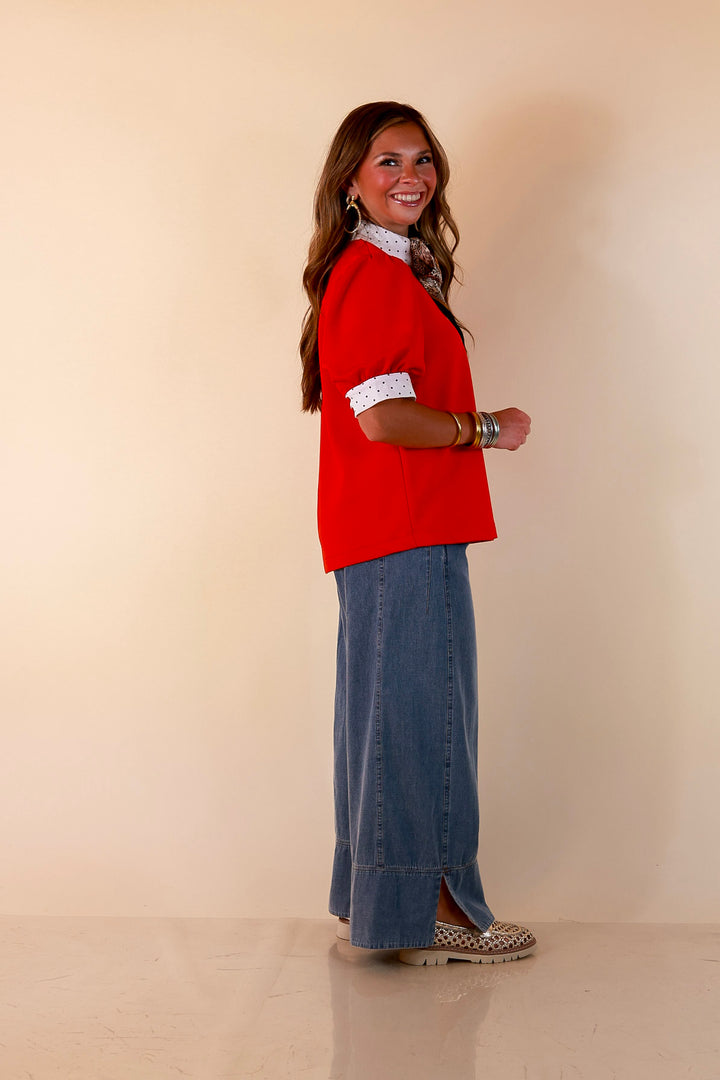 Confidently Yours Contrast Polka Dot Trim Puff Sleeve Top in Red