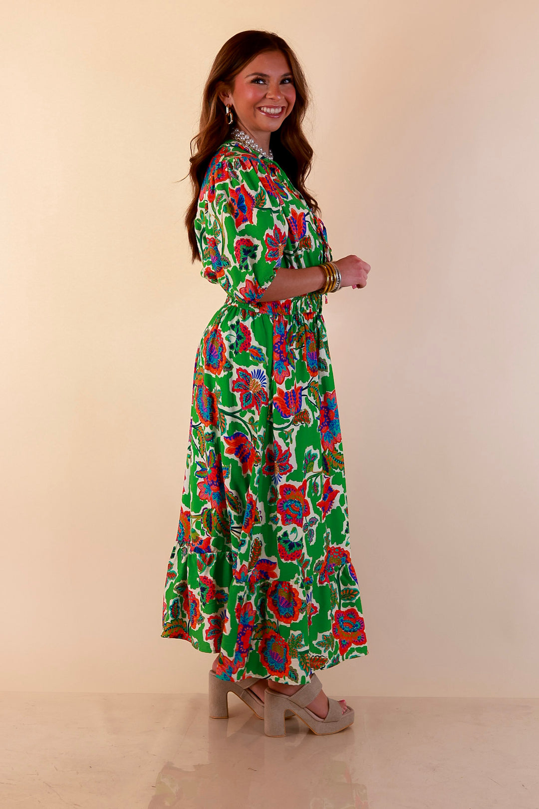 Color Me Happy Floral Print Midi Dress with Tie Neckline and Puff Sleeves in Green