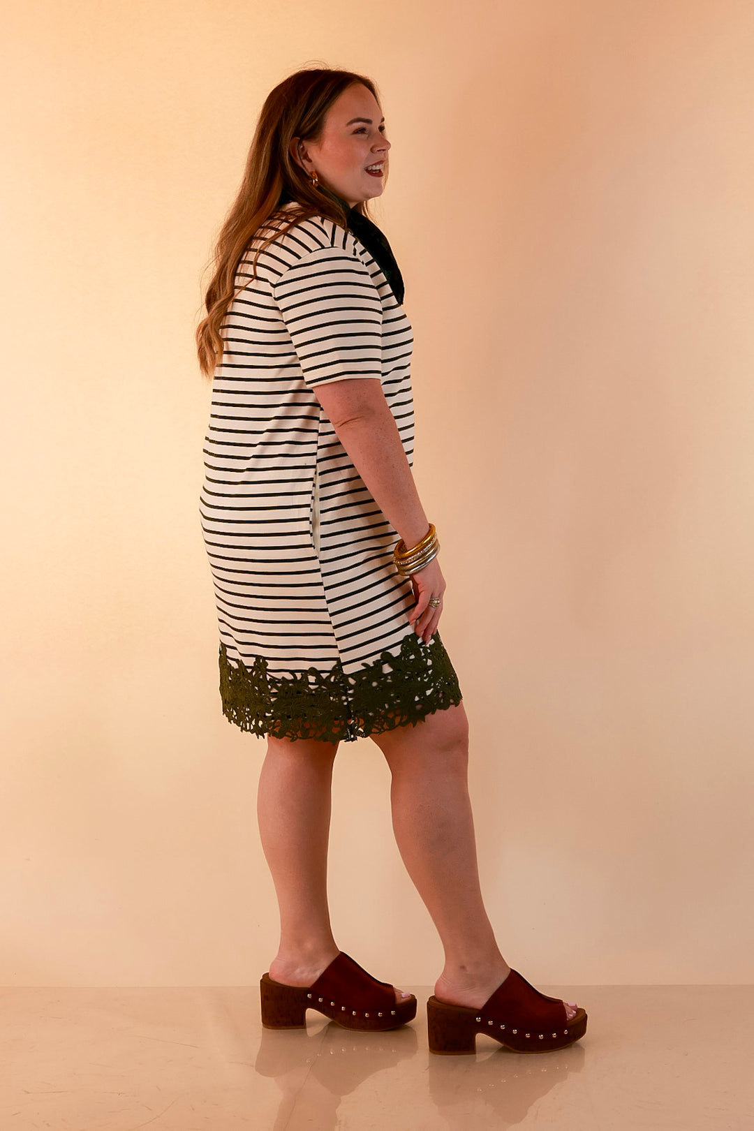 Beyond the Basics Striped Floral Lace Hem T-Shirt Dress in Ivory and Olive Green