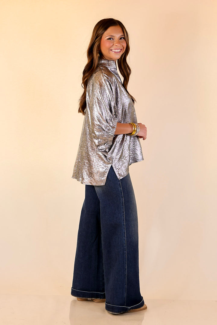 Naturally Stylish Shimmer Metallic Poncho Top in Silver