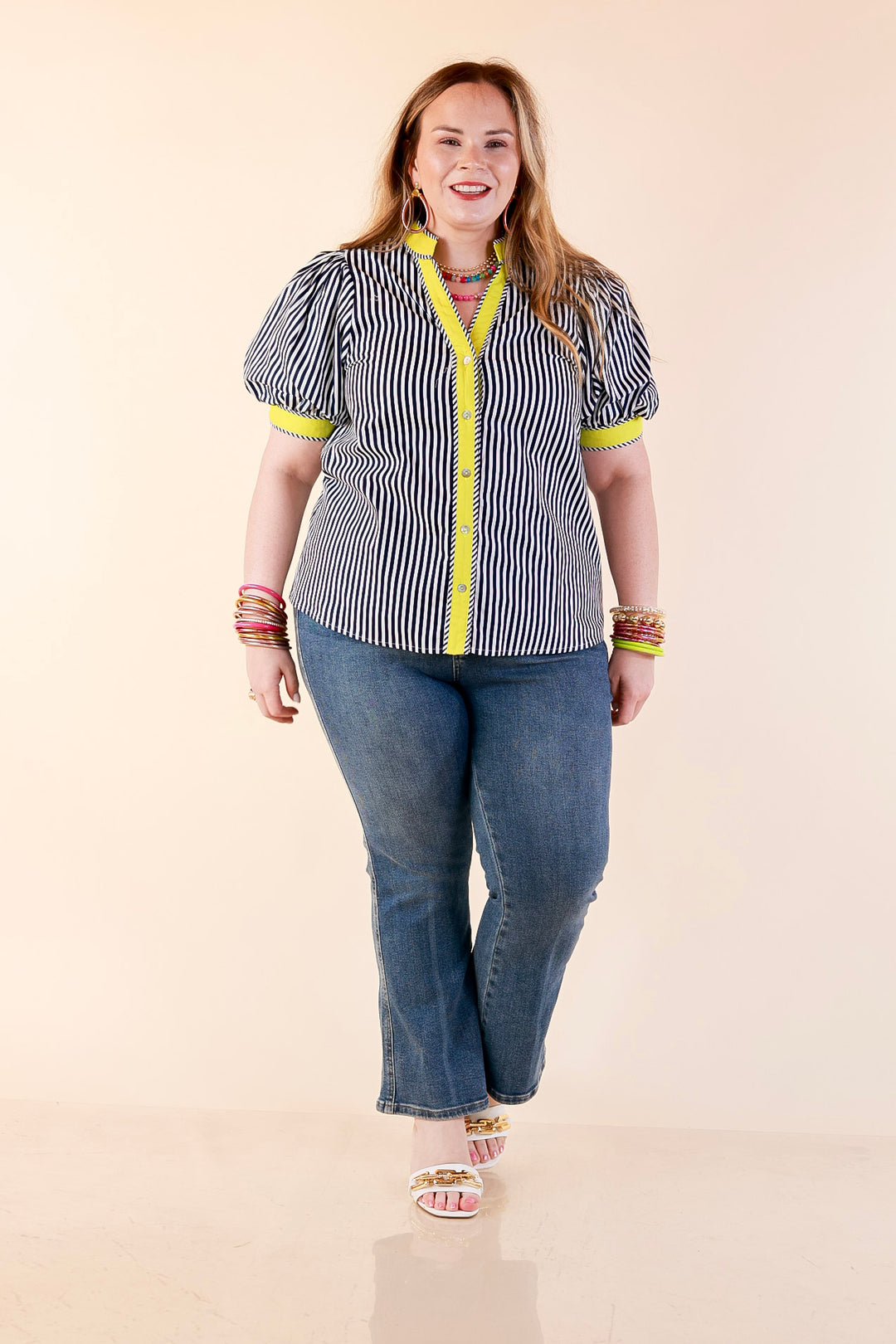 Pop of Polish Short Puff Sleeve Button Front Top with Contrast Trim in Navy Blue, White and Lime