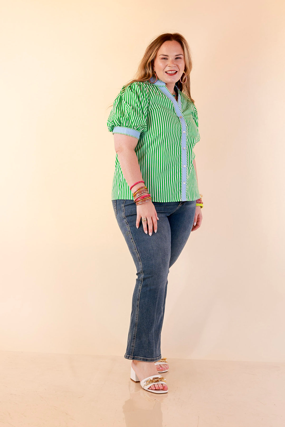 Pop of Polish Short Puff Sleeve Button Front Top with Contrast Trim in Kelly Green, White and Sky Blue