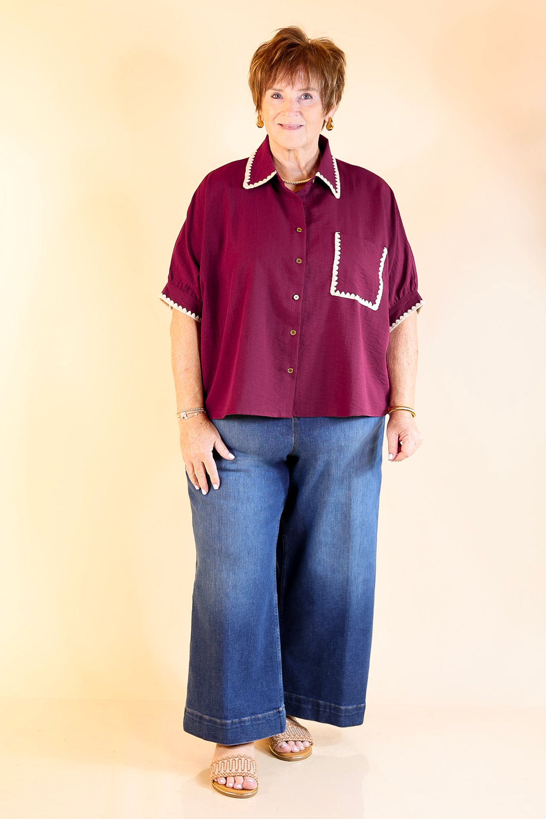 In Good Company Button Up Top with Scalloped Trim Stitching in Maroon