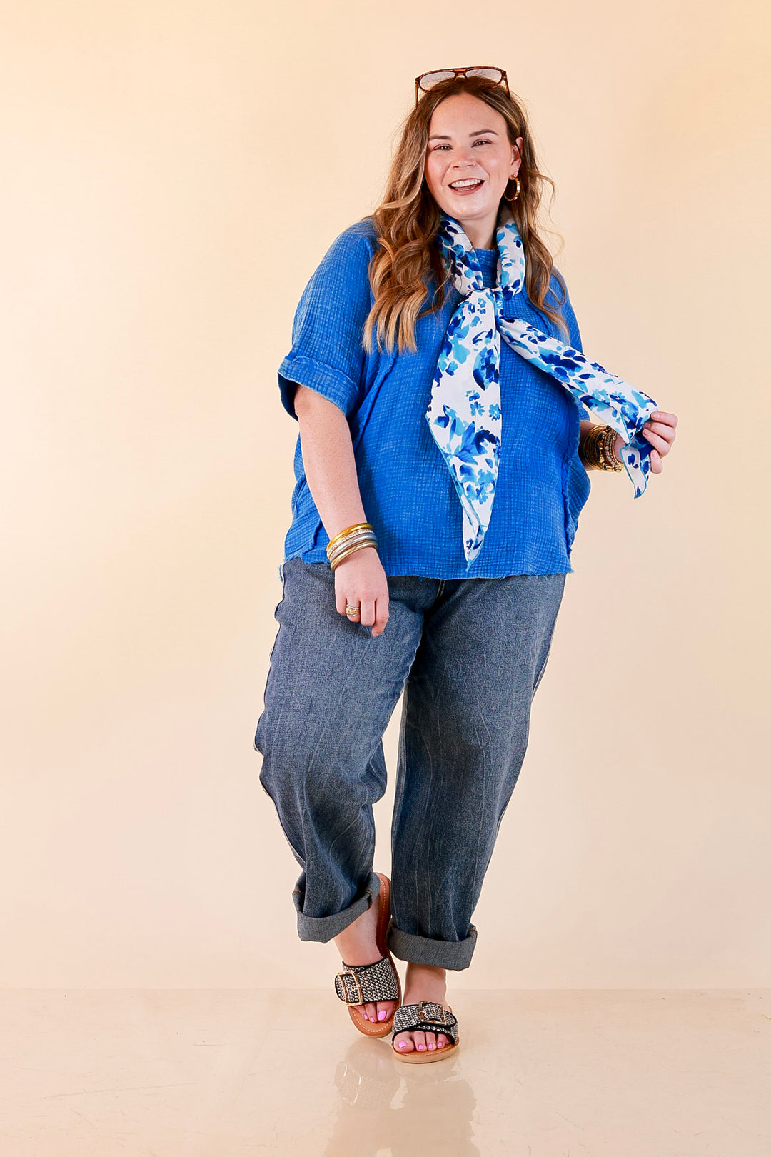 Everyday Ease Short Sleeve Linen Top with Raw Hem Edges in Ocean Blue
