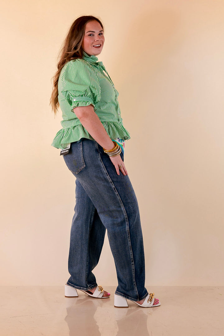 Tea Time Charm Tie Neck Puff Sleeve Peplum Button Front Stripe Blouse in Kelly Green