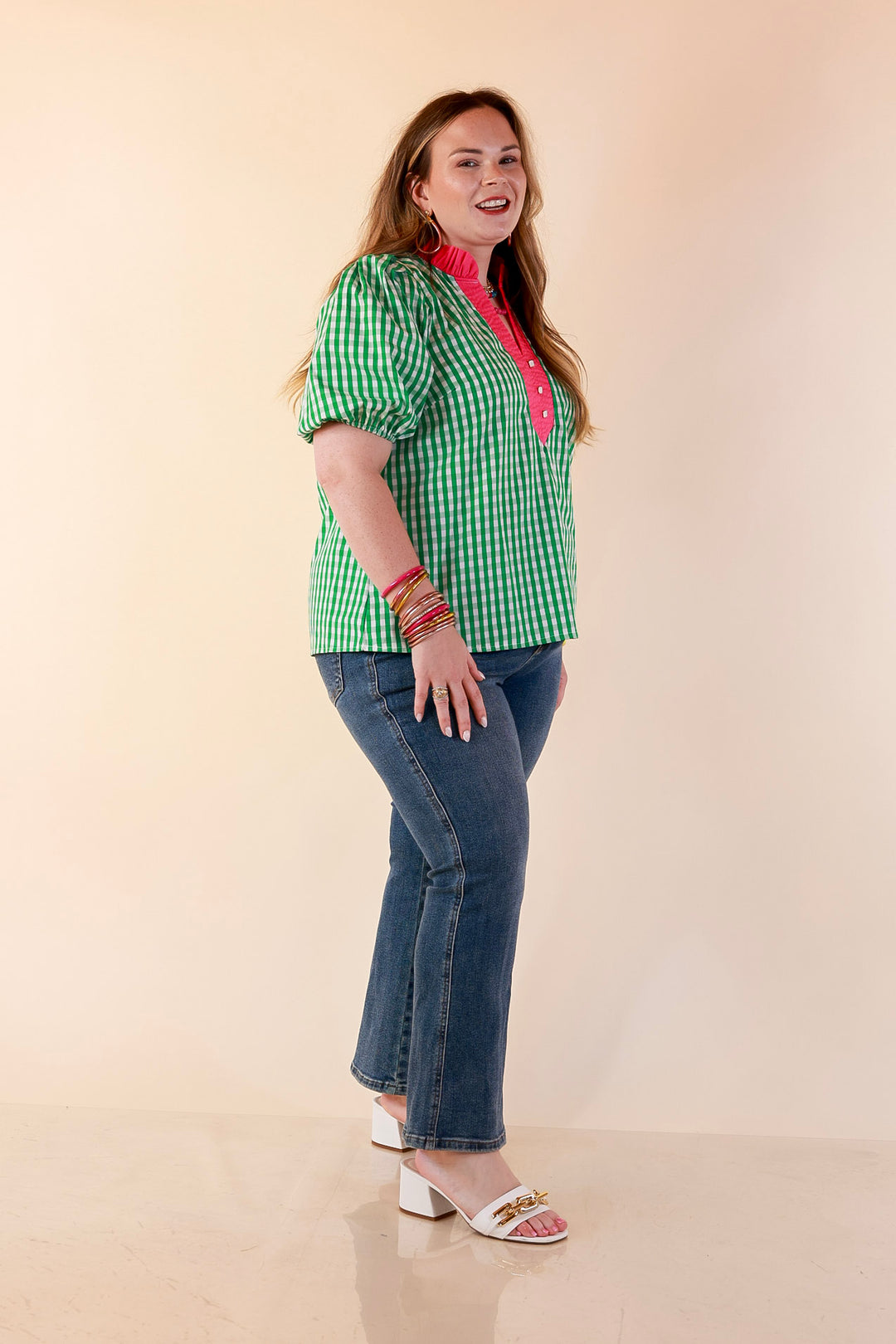 Polished &amp; Playful Short Puff Sleeve Gingham Top with Contrast Hot Pink Trim in Green and White