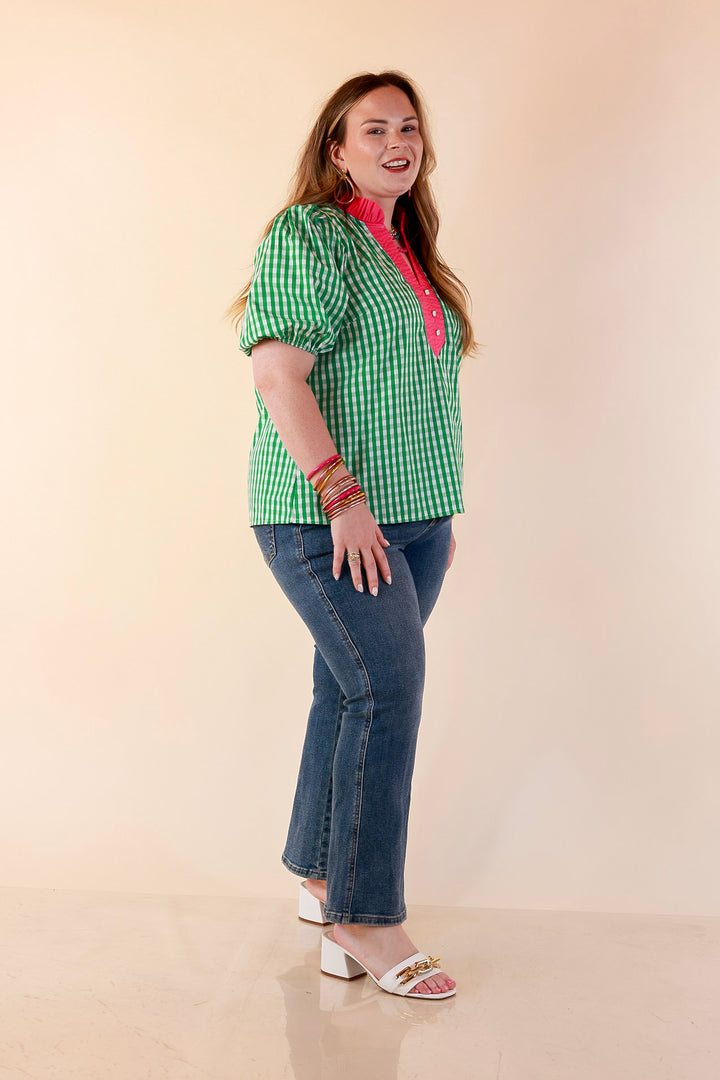 Polished &amp; Playful Short Puff Sleeve Gingham Top with Contrast Hot Pink Trim in Green and White