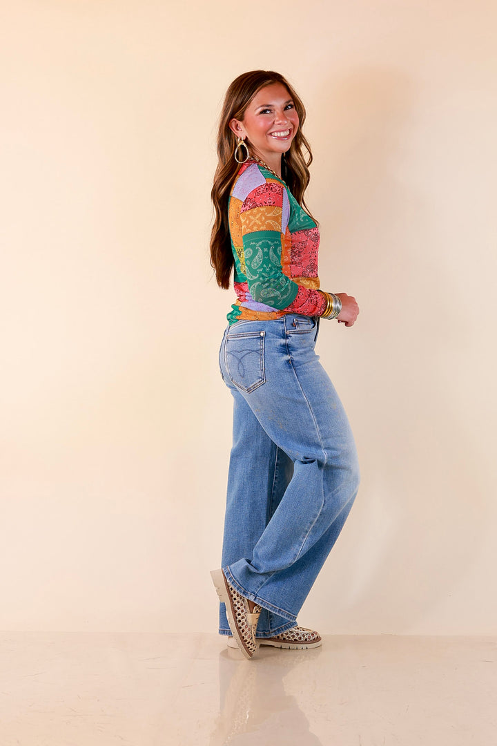 Western Dream Patchwork Paisley Bandana Print Sheer Mesh Long Sleeve Top in Multicolor