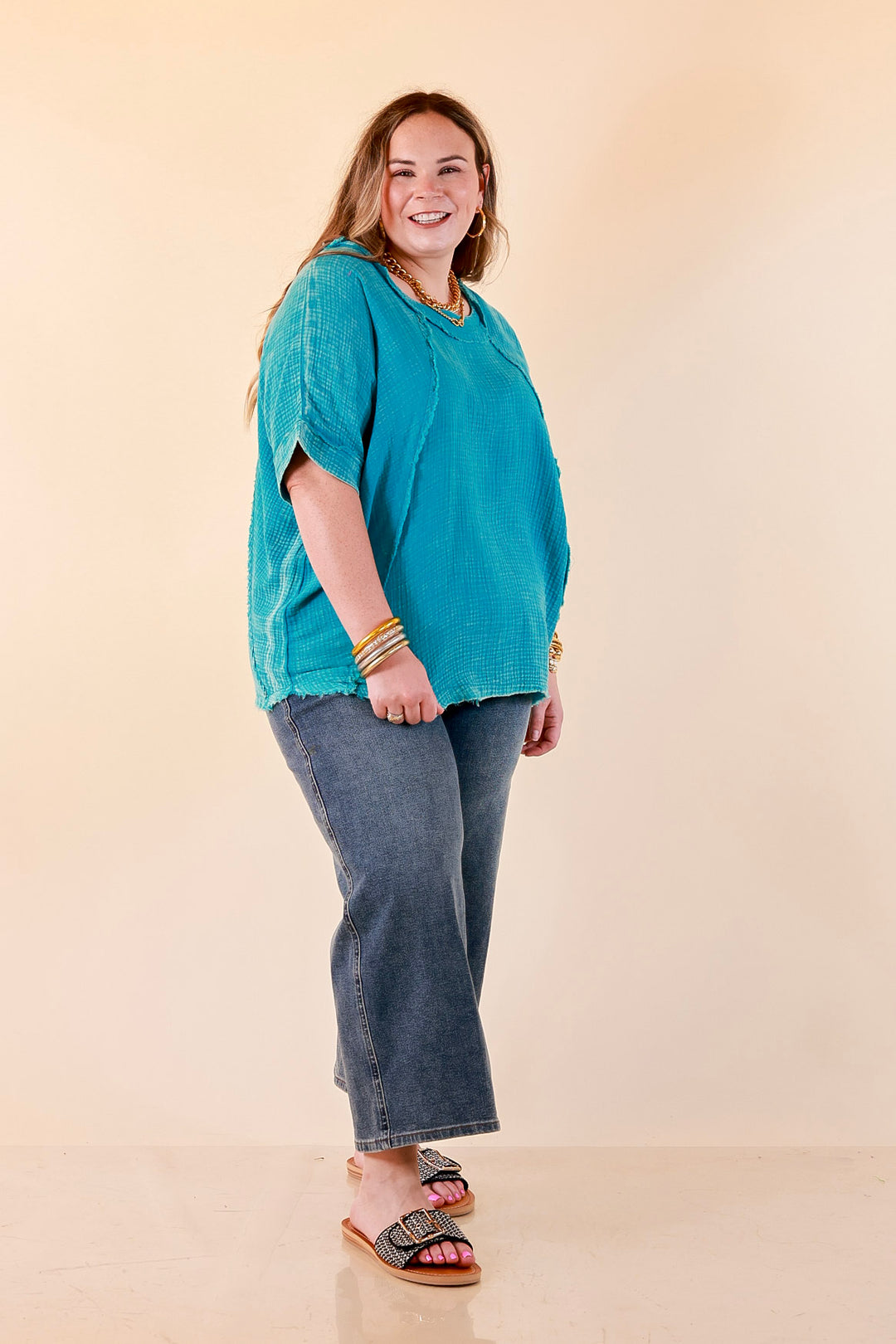 Everyday Ease Short Sleeve Linen Top with Raw Hem Edges in Turquoise Blue