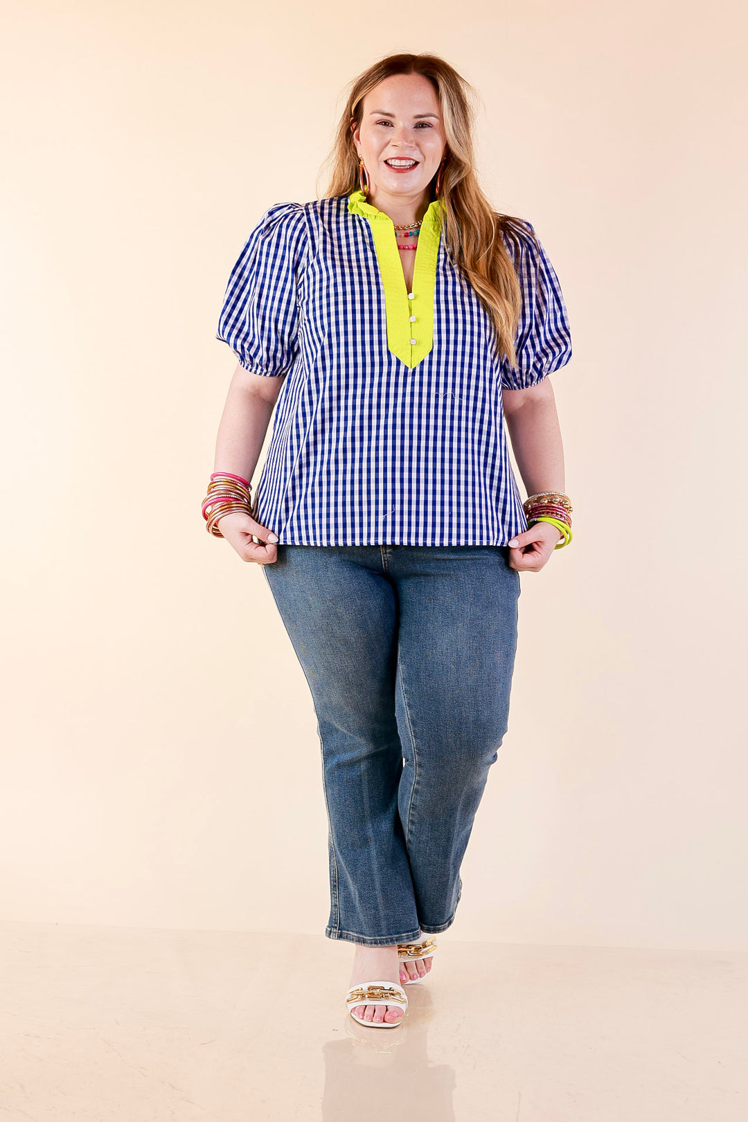 Polished &amp; Playful Short Puff Sleeve Gingham Top with Contrast Lime Green Trim in Royal Blue and White