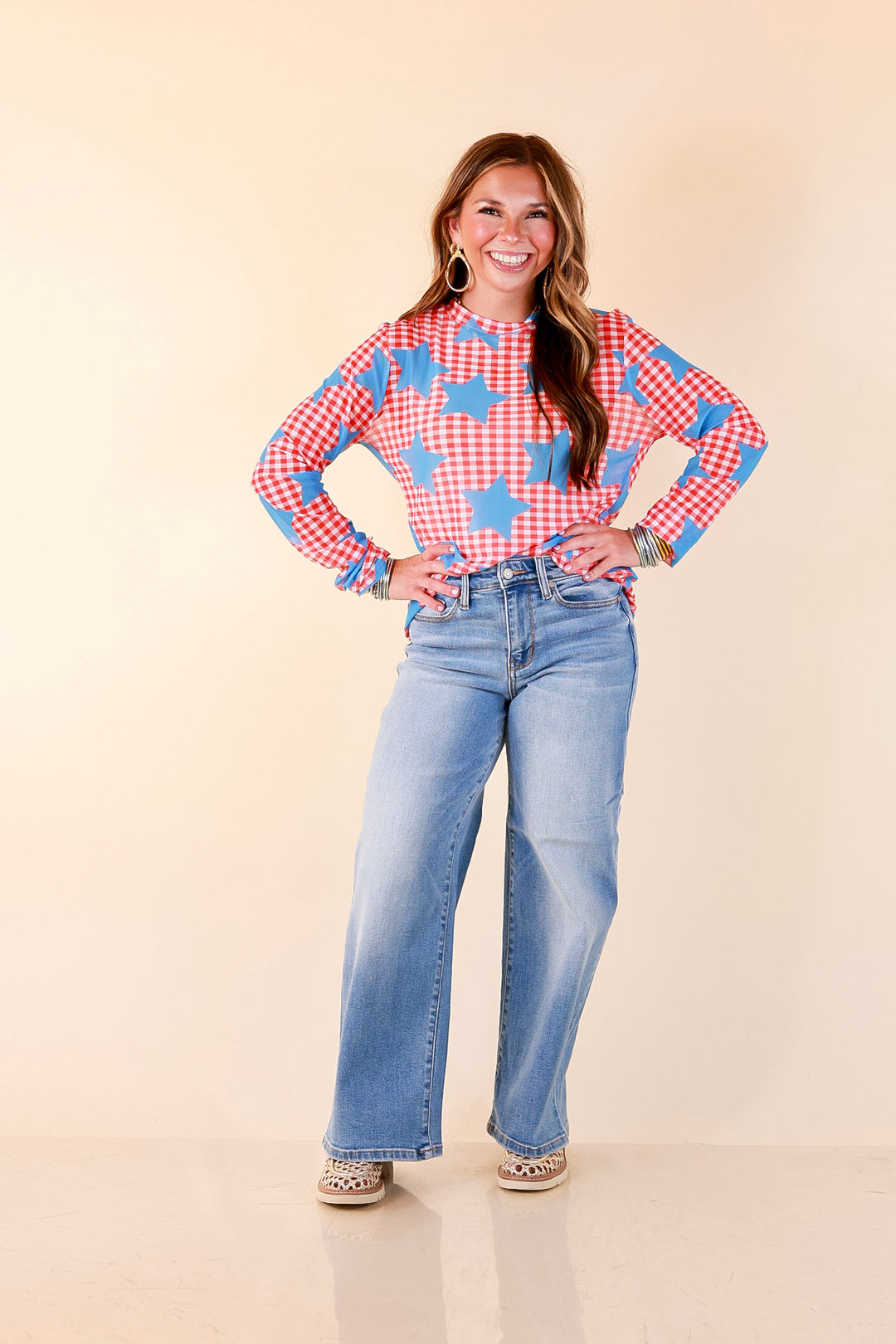 The Essential Layer Gingham and Star Print Sheer Mesh Long Sleeve Top in Red, White and Blue