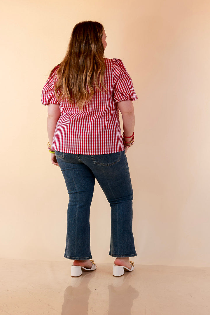 Polished &amp; Playful Short Puff Sleeve Gingham Top with Contrast Green Trim in Hot Pink and White