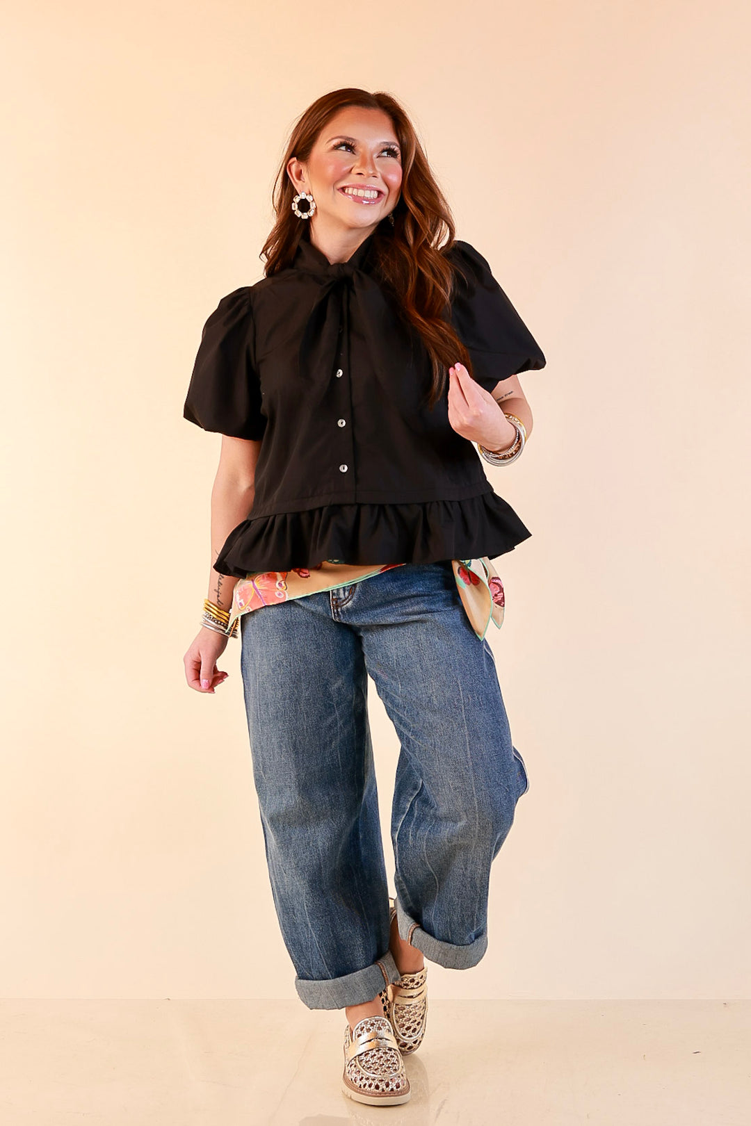 Present Company Solid Button Down Peplum Bubble Sleeve Tie Collar Top in Black