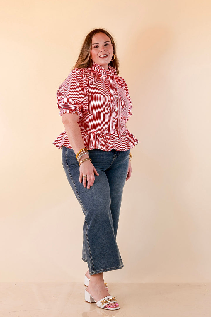 Tea Time Charm Tie Neck Puff Sleeve Peplum Button Front Stripe Blouse in Red