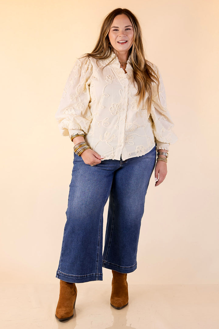 Timeless Romance Ruffled V Neck Floral Applique Embroidered Top in Cream