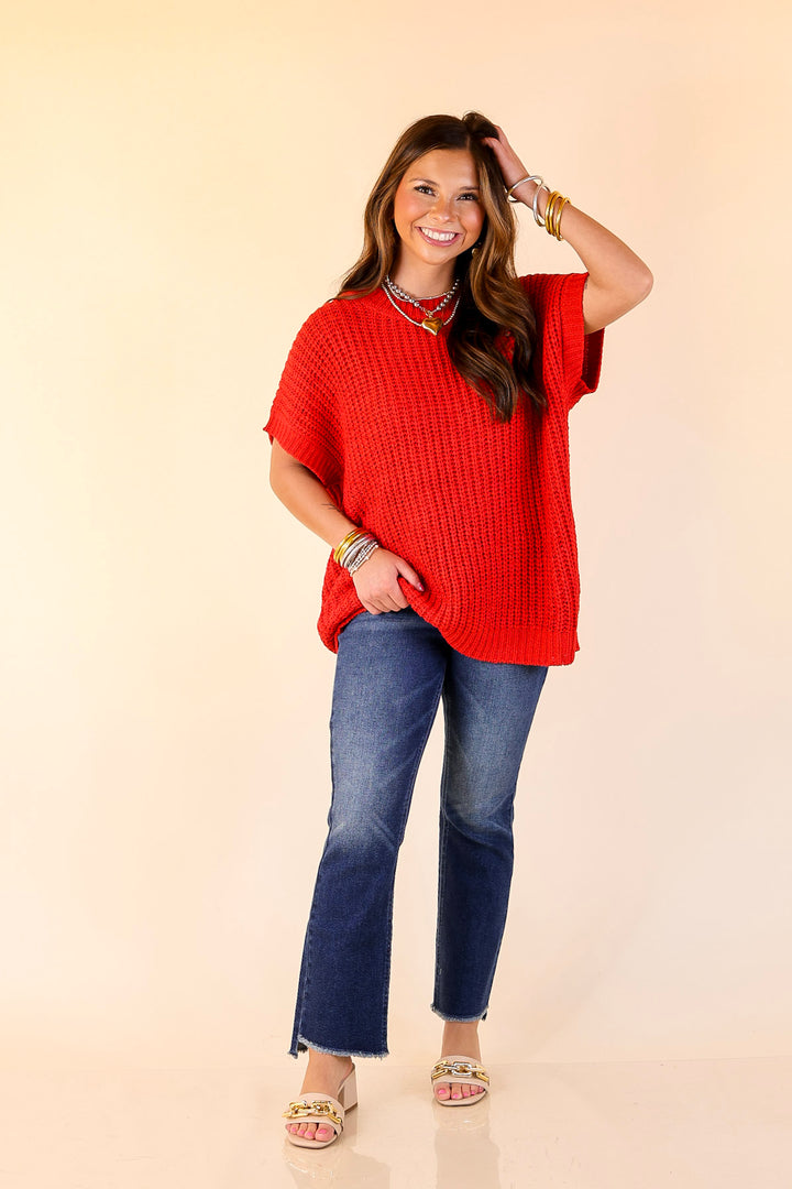 Tried and True Short Sleeve Oversized Knit Sweater in Red