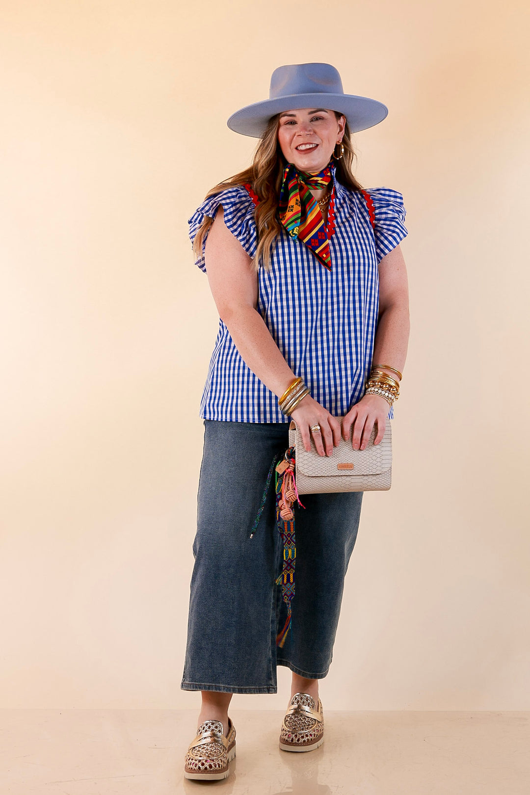 Sweet Tea Social Ruffle Sleeve Gingham Top with Ric Rac Trim in Royal Blue