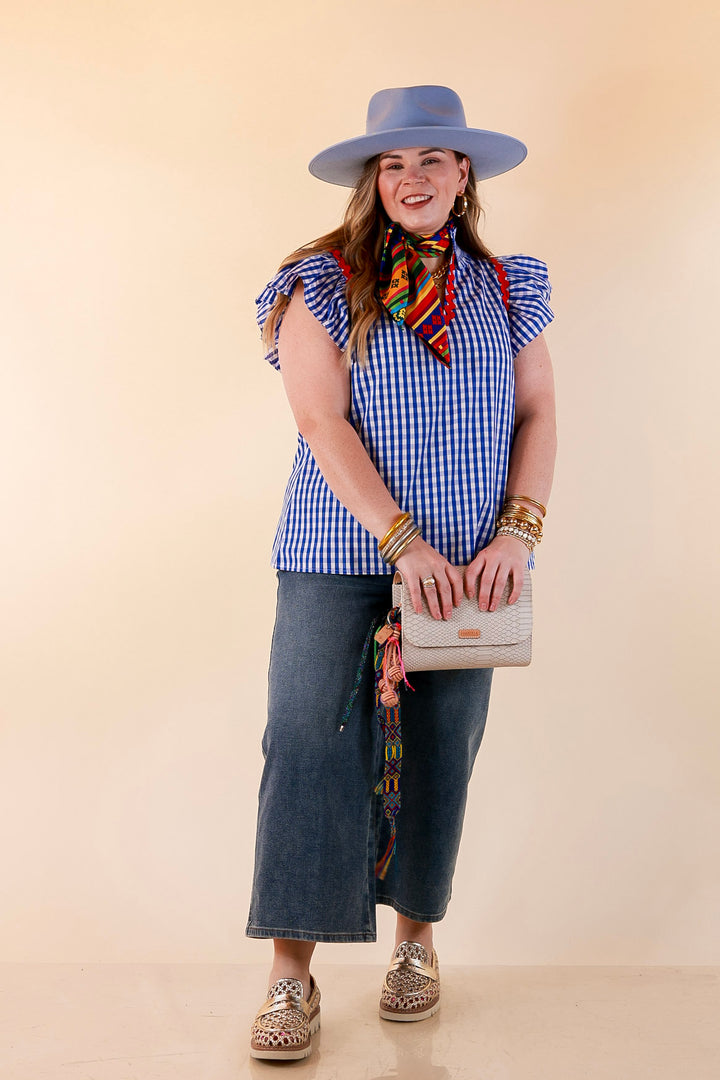 Sweet Tea Social Ruffle Sleeve Gingham Top with Ric Rac Trim in Royal Blue