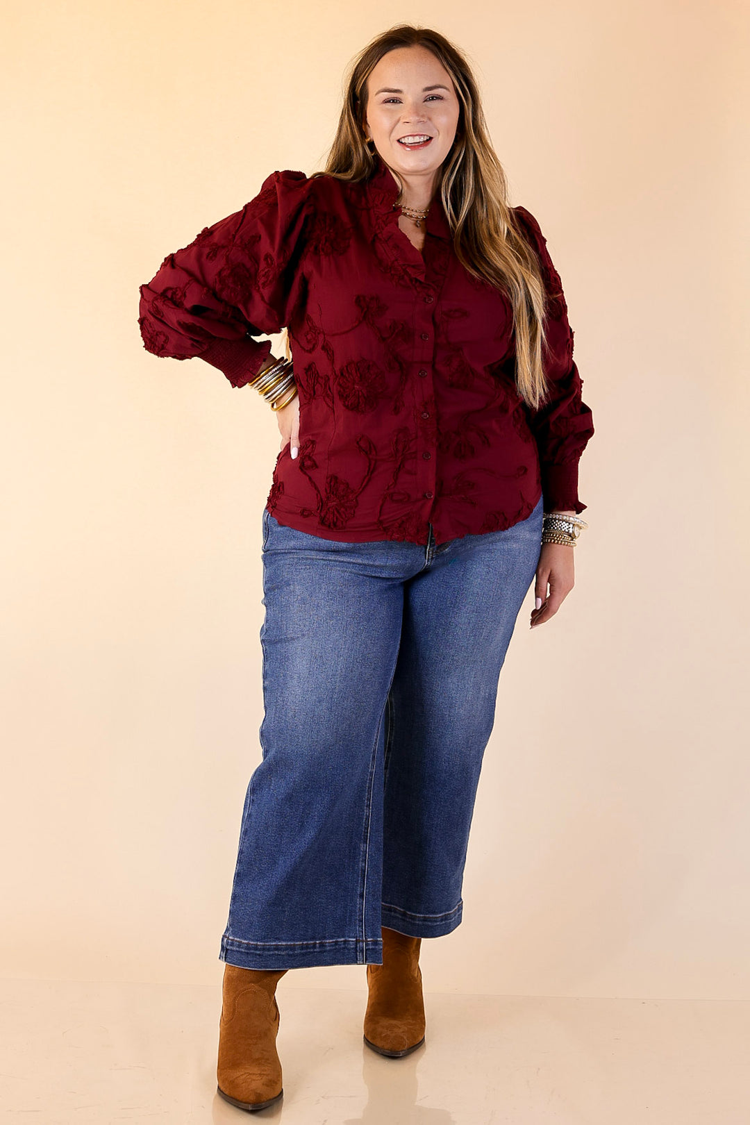 Timeless Romance Ruffled V Neck Floral Applique Embroidered Top in Maroon