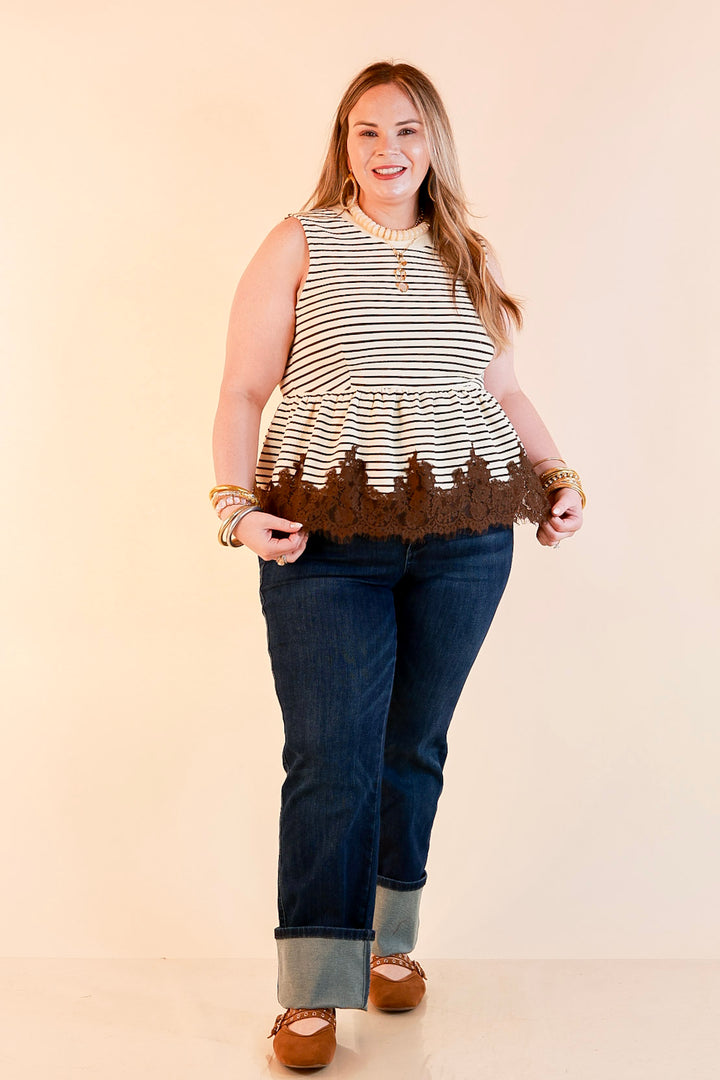 Sweet on Style Striped Peplum Sleeveless Tank Top with Lace Trim Detailing in Ivory and Chocolate Brown