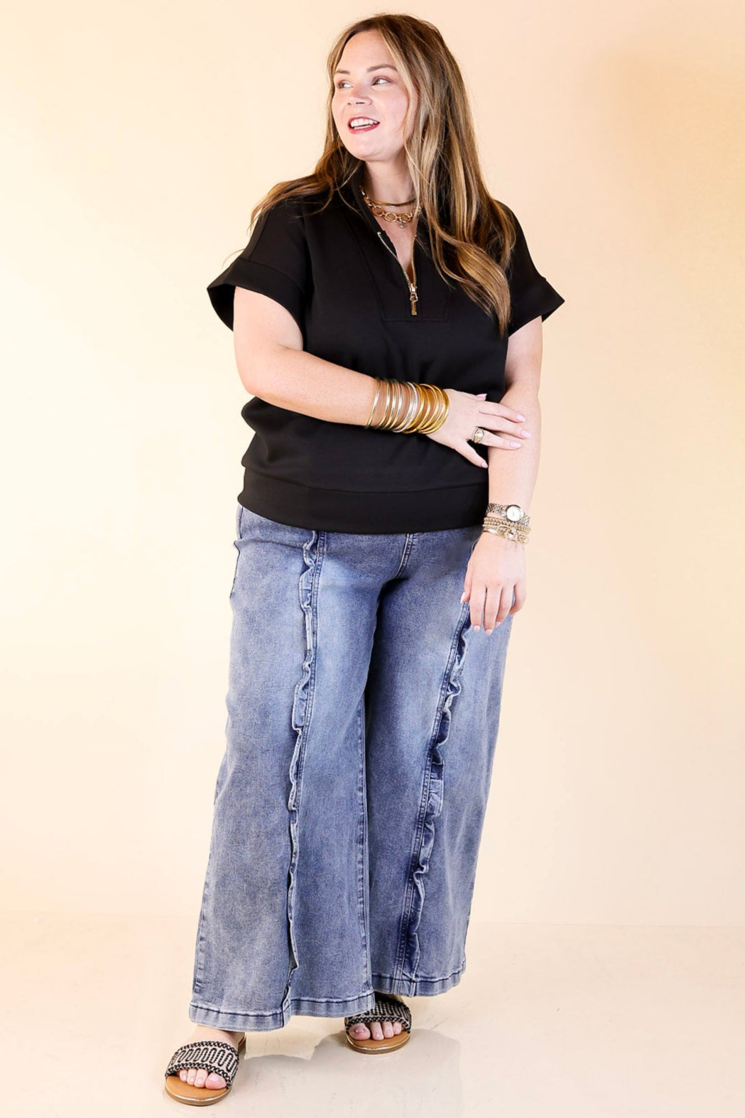 Ripple & Roll Denim Wide Leg Jean with Ruffled Front Seam in Acid Wash
