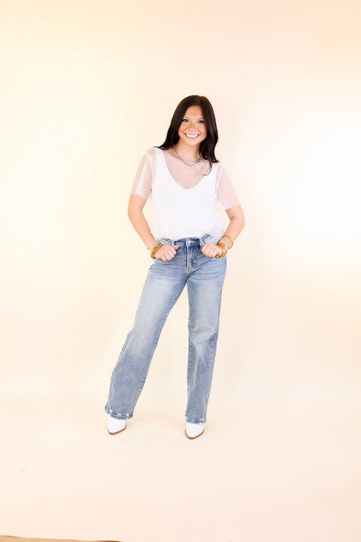 Shimmer in Style Mesh Short Sleeve Top with Pearls and Rhinestones in Off White