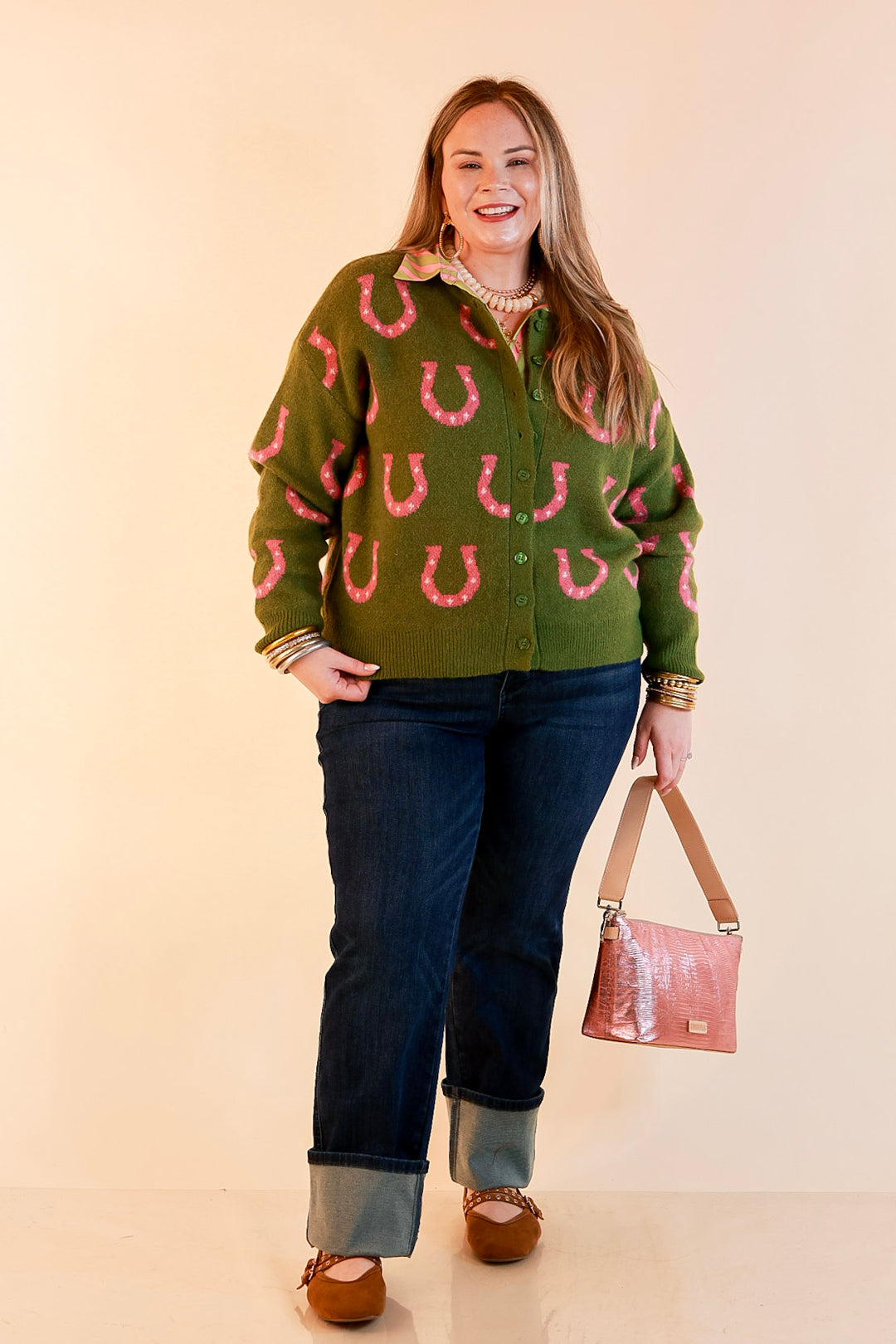 Lucky in Love Horseshoe Print Button Front Cardigan Sweater in Olive Green and Pink
