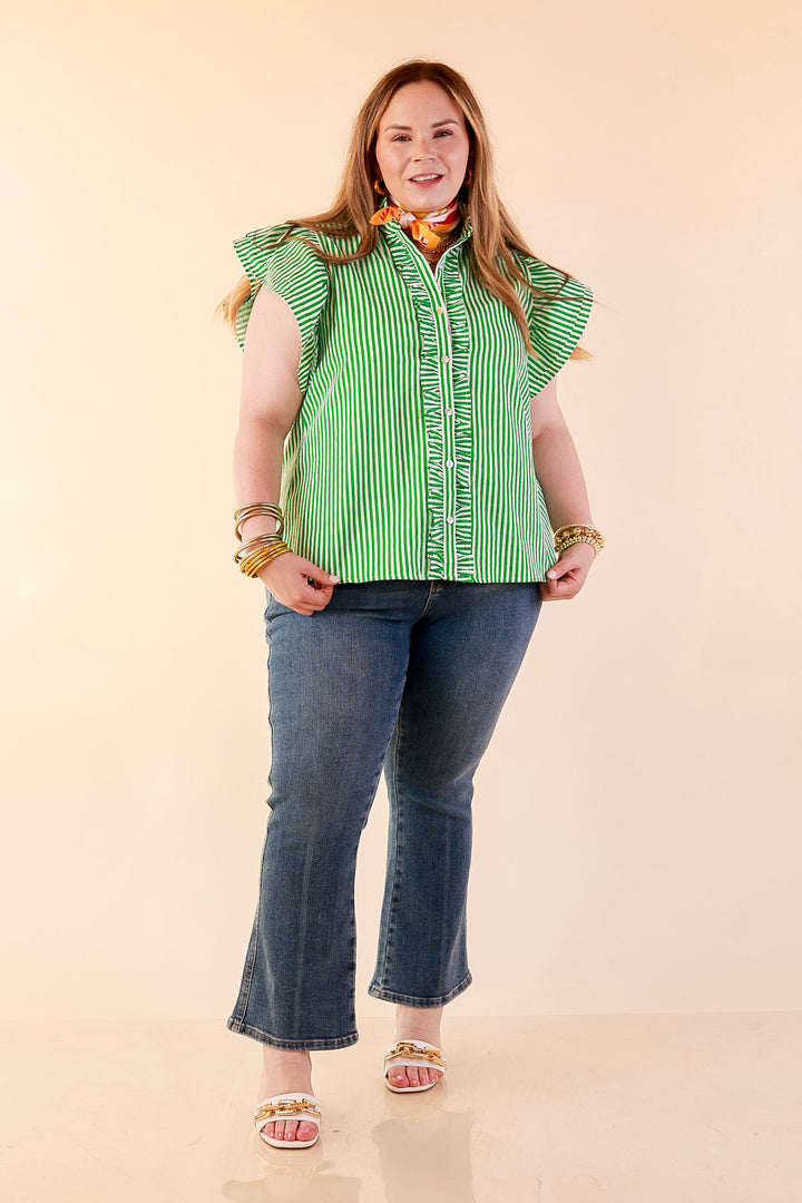 Polished Intentions Ruffle Short Sleeve Button Front Stripe Top in Green and White