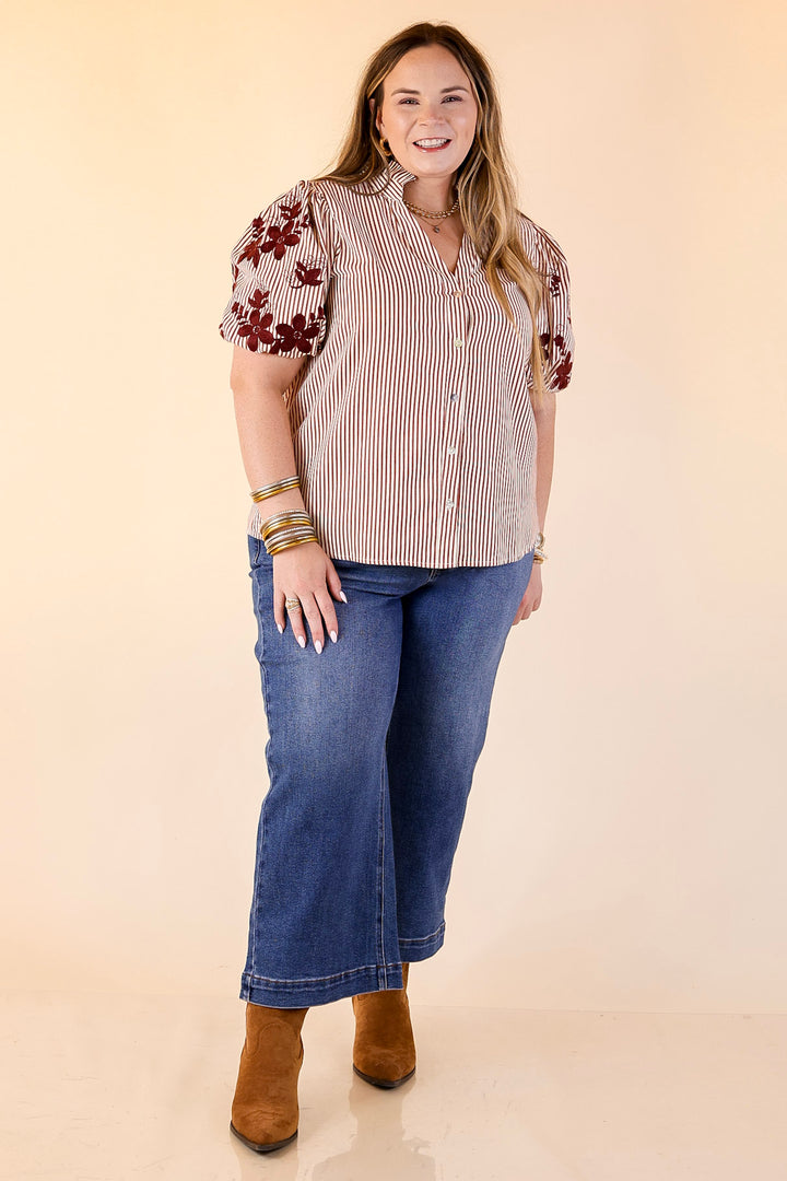Sweet Intentions Button Down Striped Top with Puff Embroidered Sleeves in Maroon