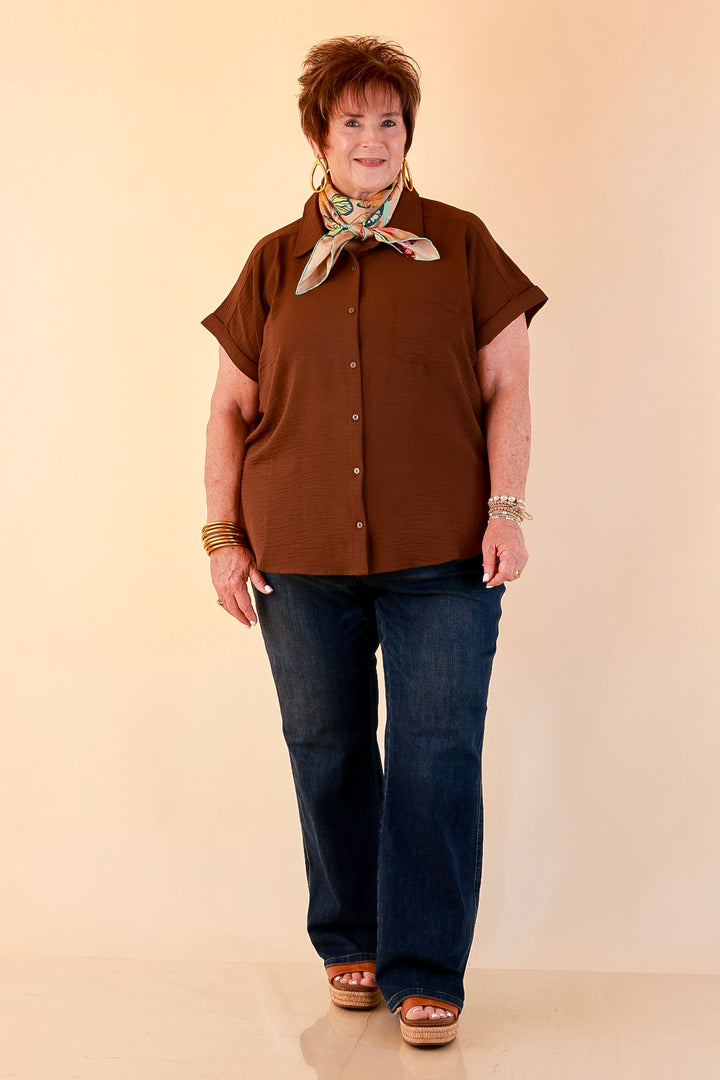 Timeless Appeal Woven Airflow Button Front Top with Rolled Cuff Short Sleeves and Front Pocket in Chocolate Brown