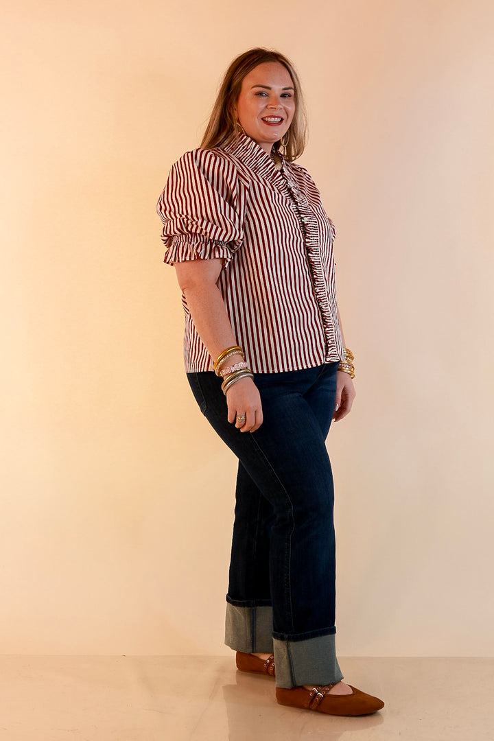 Made You Look Striped Ruffle Front and Sleeve Detailing with Puff Sleeves Blouse in Maroon and Ivory