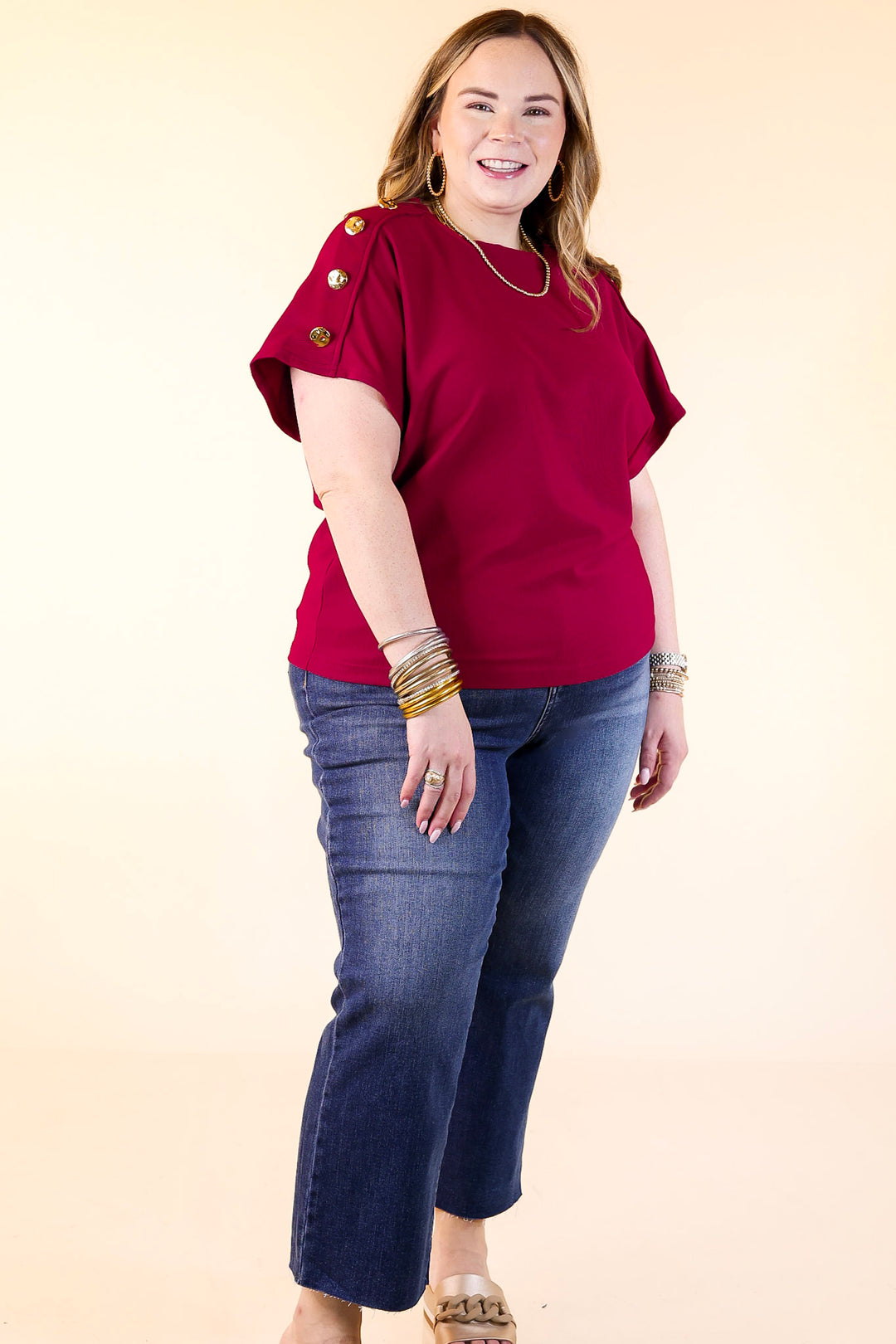 Golden Hour Glow Ribbed Crew Neck Top With Gold Button Detailing in Maroon