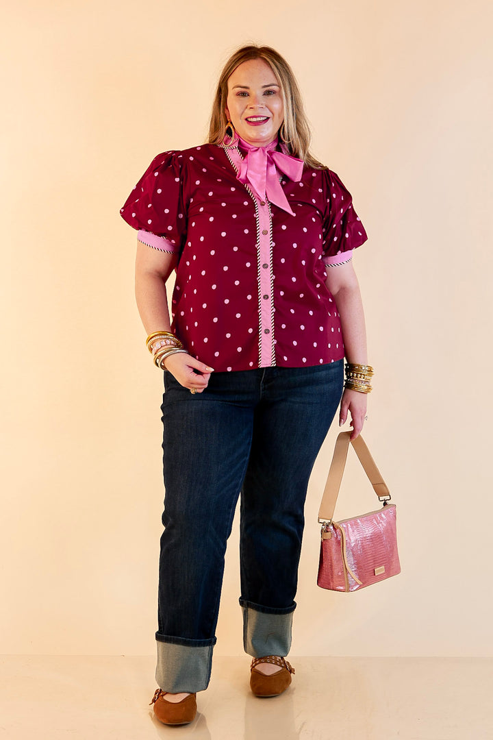 Pop of Polish Short Puff Sleeve Button Front Polka Dot Print Top with Contrast Trim in Maroon and Pink